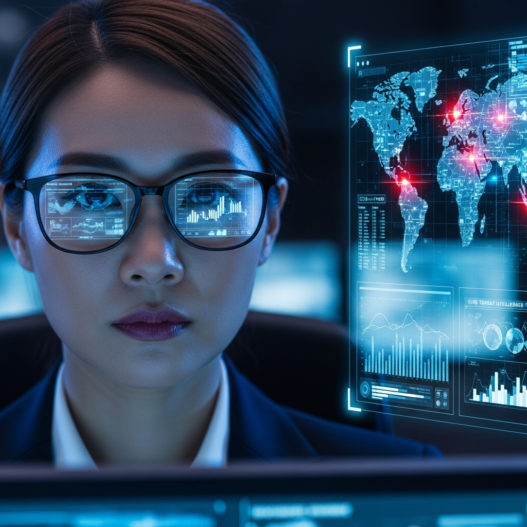 cybersecurity operator monitoring AI-powered threat detection software at night