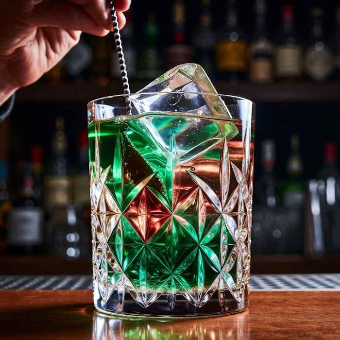 보석 같은 색감의 리큐르들을 믹싱 글라스에서 스티어링하는 비쥬 제조 과정