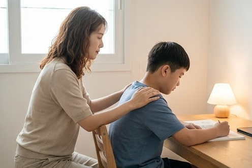 공부하는 아들의 어깨에 조용히 손을 올린 엄마