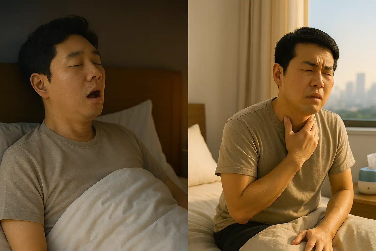 수면 중 입을 벌리고 자는 인물, 목이 건조해 아침에 일어난 장면, 비염으로 코막힘이 있는 모습