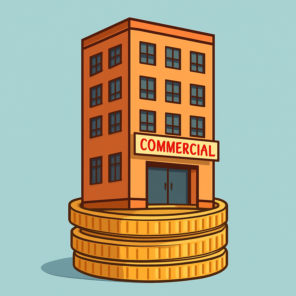 작은 동전이 쌓인 위에 상업용 건물이 세워진 일러스트
