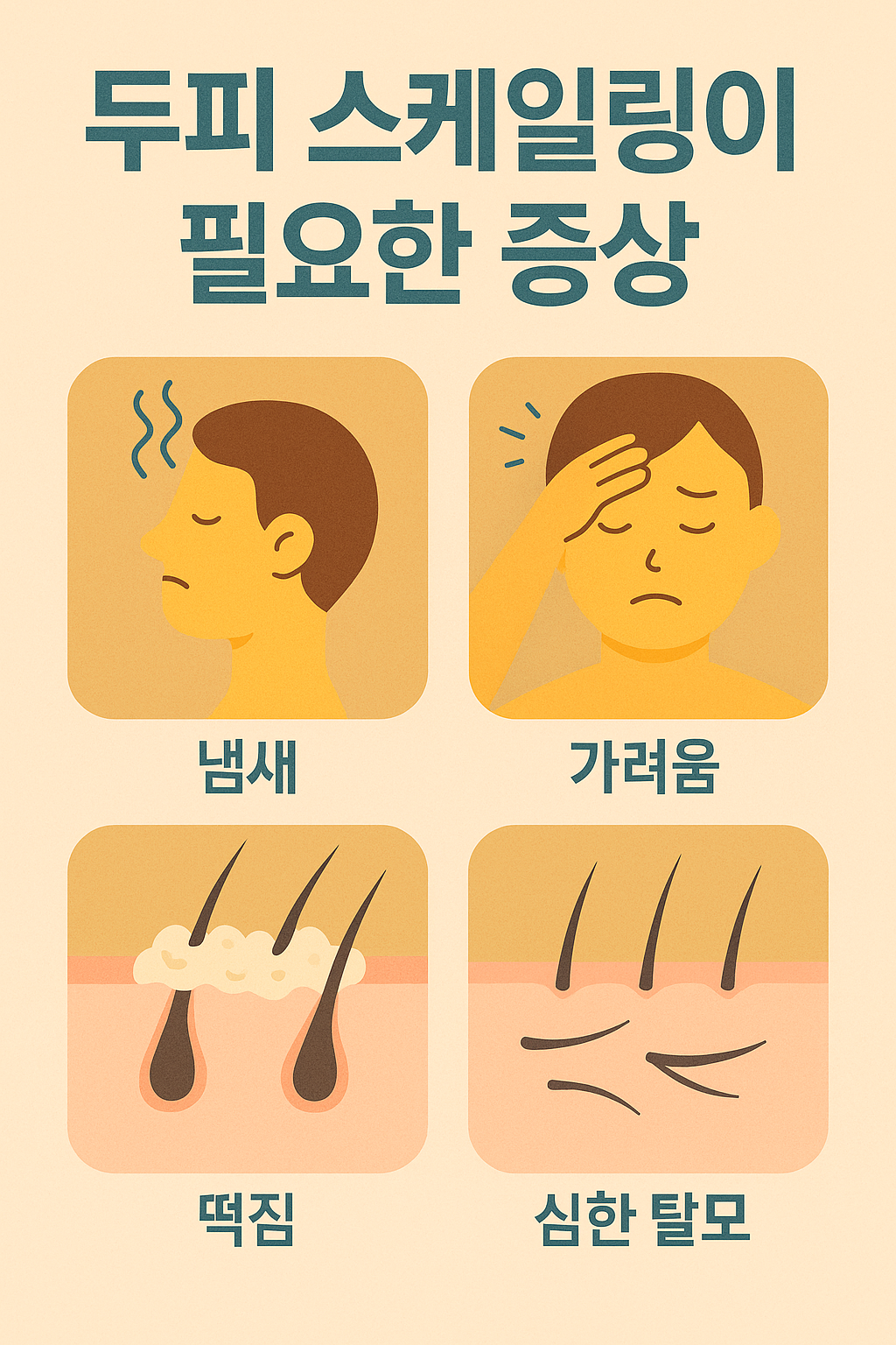 두피 스케일링이 필요한 증상 – 냄새, 가려움, 떡짐, 심한 탈모를 일러스트로 표현한 증상별 인포그래픽