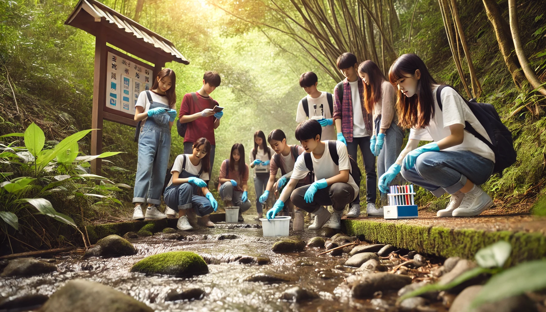 숲이나 하천에서 환경 봉사활동 중인 고등학생들의 이미지