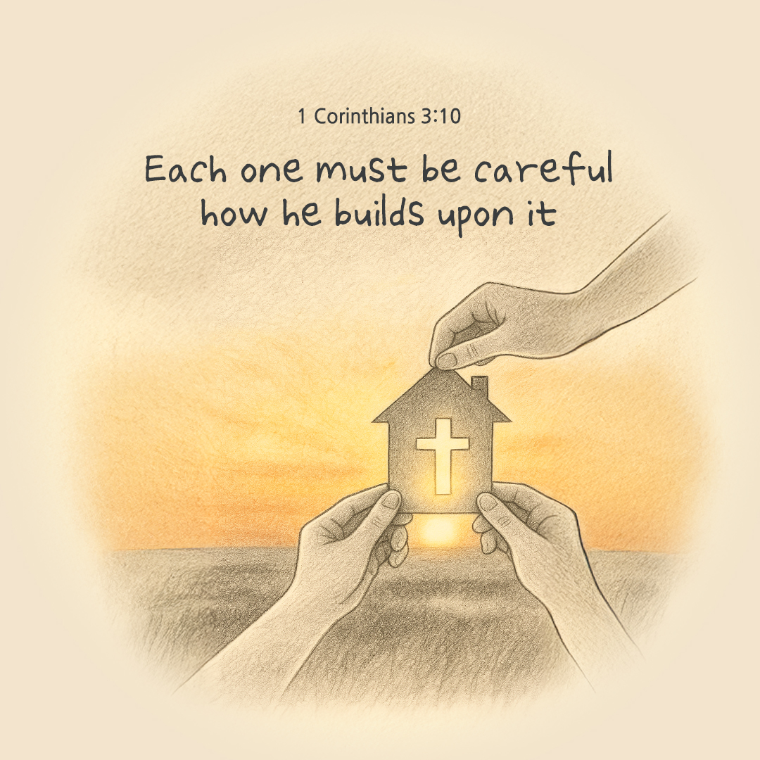 Each one must be careful how he builds upon it. (1 Corinthians 3:10) by pieonane Daily Bible quote image
