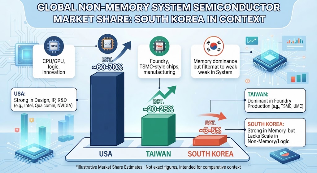 2022년 기준 전 세계 비메모리 시장에서 한국의 점유율이 3.3%에 머무는 구조적 한계를 나타낸 인포그래픽입니다. 미국(54.5%), 대만(10.3%) 등과의 거대한 격차 속에서, 팹리스(설계) 저변 부족과 파운드리(TSMC와의 격차)에서 고전하는 현실을 냉정하게 데이터 바로 시각화했습니다.