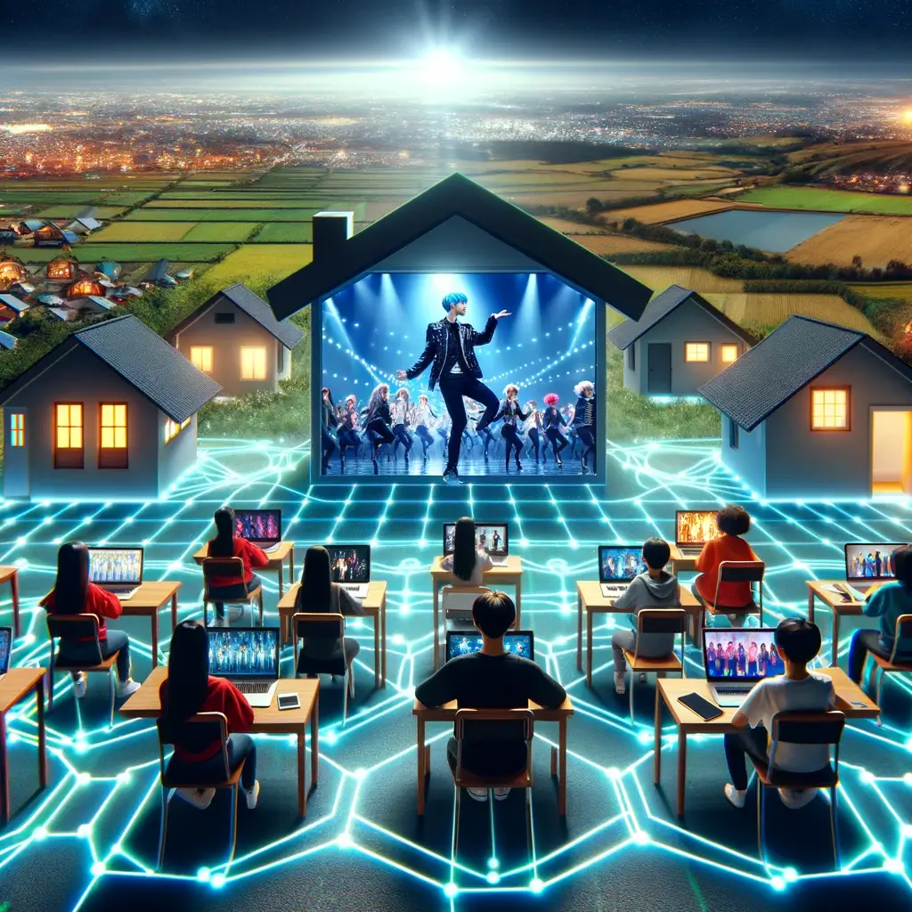 온라인 플랫폼을 통해 오지에 있는 K-Pop 댄스 스쿨의 가상 존재를 보여주는 개념적인 디지털 장면을 묘사한 이미지입니다.