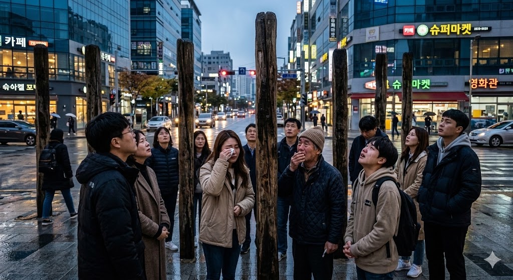 [Citizens standing around tall, mysterious, hardened stakes in the middle of a modern busy street, looking up and wiping away unexplainable tears from their faces]