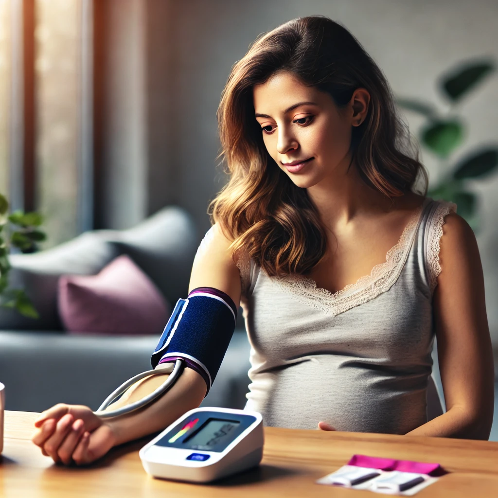 임산부가 혈압과 혈당을 측정하는 모습의 이미지