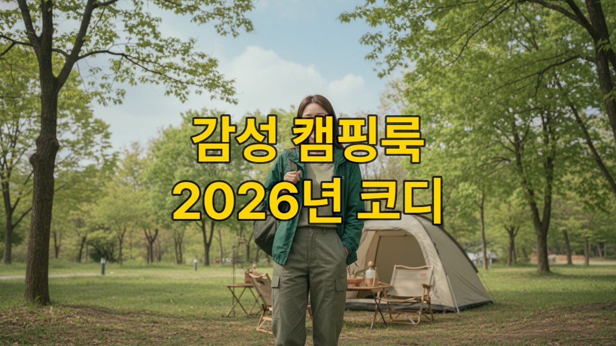 2026년 한국의 푸른 캠핑장에서 감성적인 미니멀 캠핑룩을 입고 환하게 웃는 젊은 여성