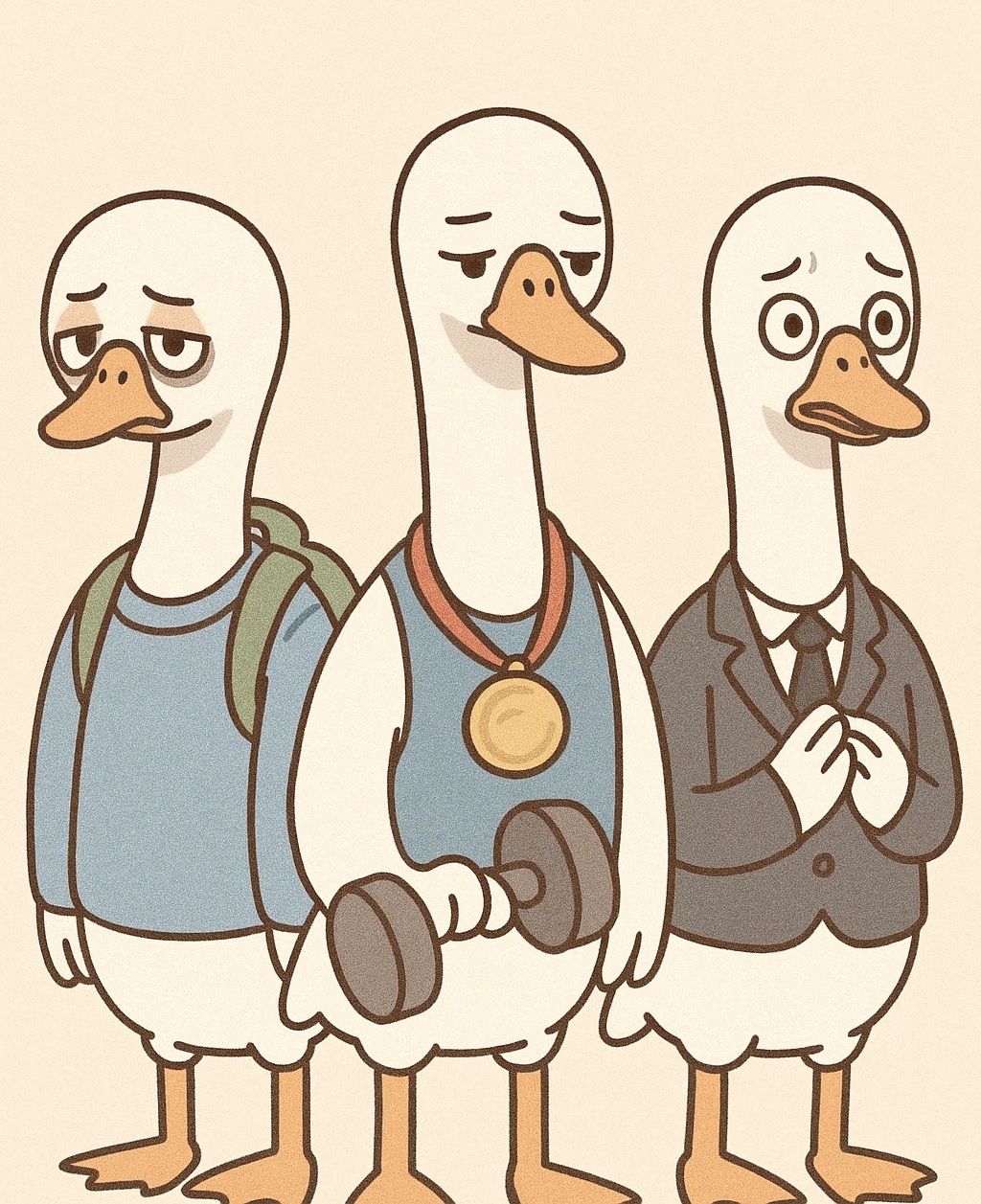 피곤한 학생 백조, 지루한 운동선수 백조, 걱정 많은 직장인 백조