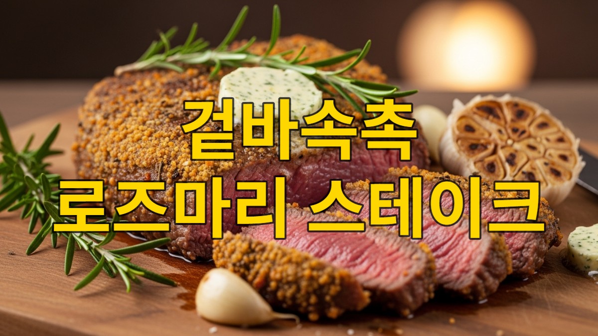 겉은 바삭하고 속은 육즙 가득한 미디움 레어 로즈마리 허브 스테이크가 나무 도마에 먹음직스럽게 놓여 있습니다. 신선한 로즈마리와 마늘, 허브 버터가 함께 장식되어 있습니다.