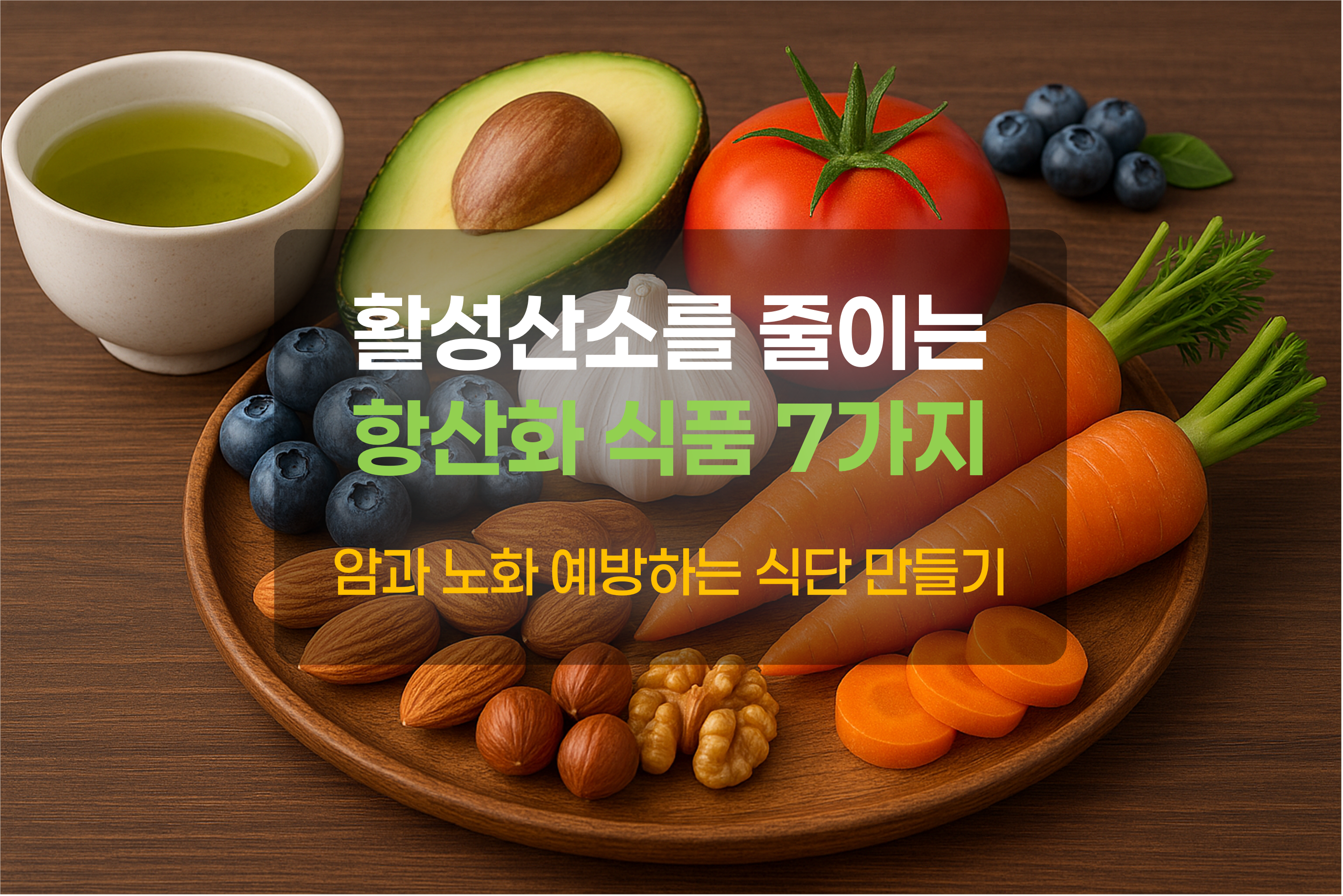 항산화 식품(블루베리, 아보카도, 마늘, 토마토, 당근, 견과류, 녹차)가 테이블에 올려져 있는 그림