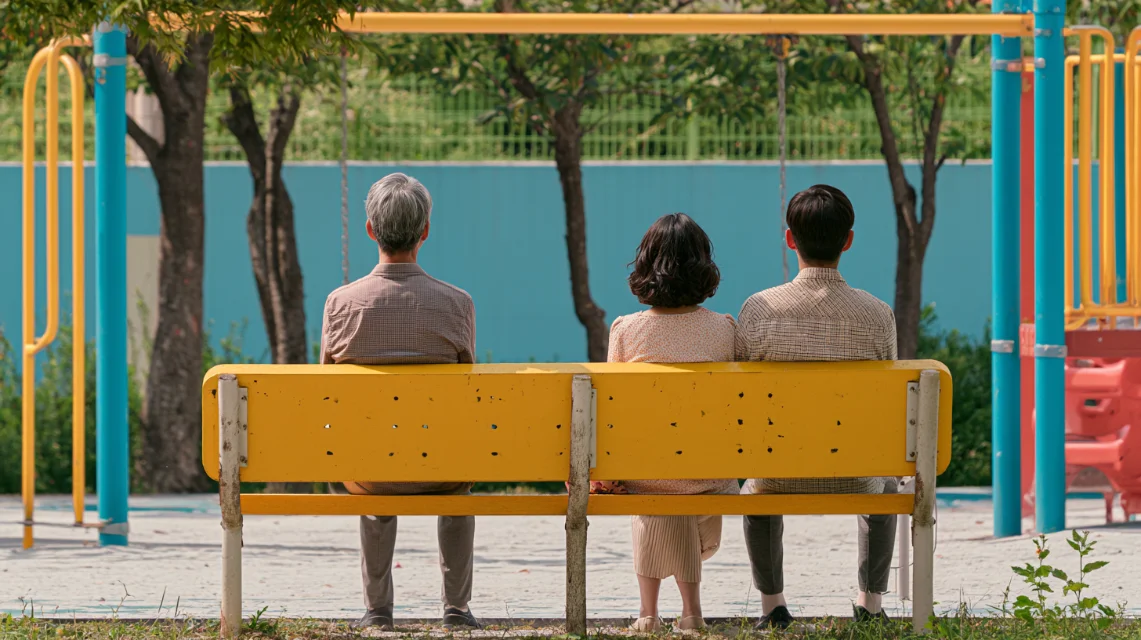 놀이터 벤치에 나란히 앉아 아이들을 지켜보는 학부모들