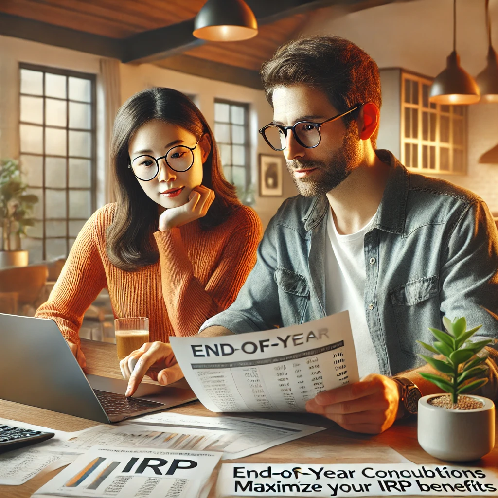 중년 부부가 식탁에서 노트북과 금융 서류를 보며 연말 IRP 납입 한도를 검토하는 장면