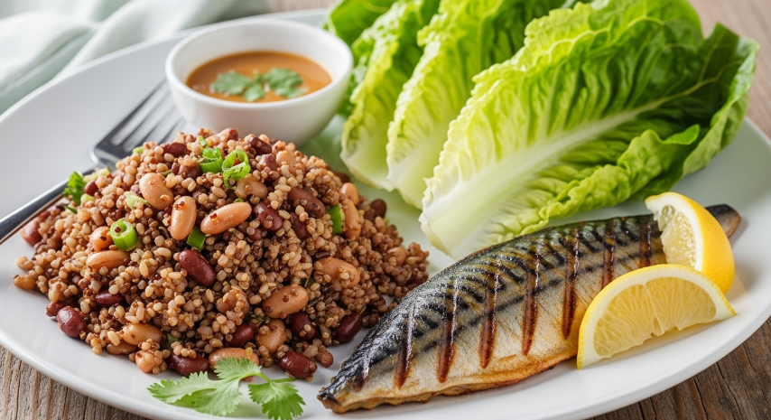 통곡물 콩밥 + 쌈채소 + 구운 고등어 한 토막(AI 이미지FX)
