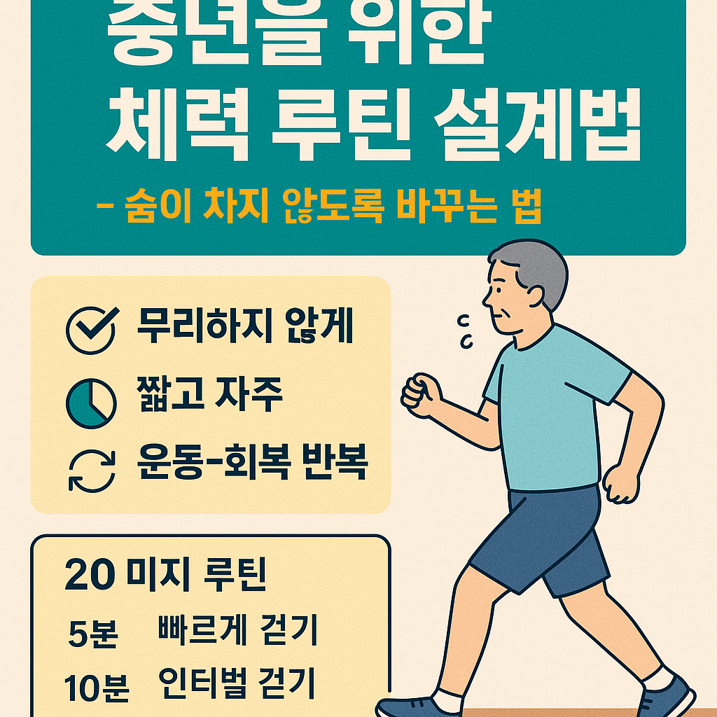 중년 남성과 여성이 공원에서 빠르게 걷기와 인터벌 운동을 실천하는 장면을 담은 인포그래픽 스타일 일러스트
