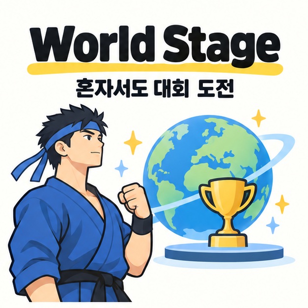 World Stage의 싱글 플레이를 표현한 격투가와 지구본 그림