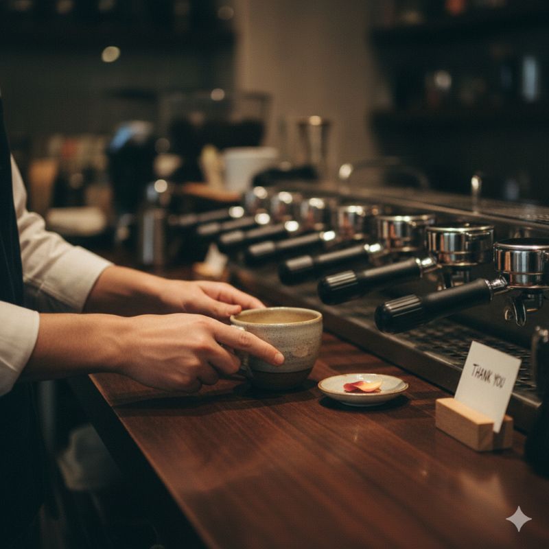 카페 카운터에서 사장님이 정성스럽게 내린 커피 잔을 양손으로 잡으려는 모습, 옆에는 작게 THANK YOU라고 적힌 감사 메모가 놓여 있음