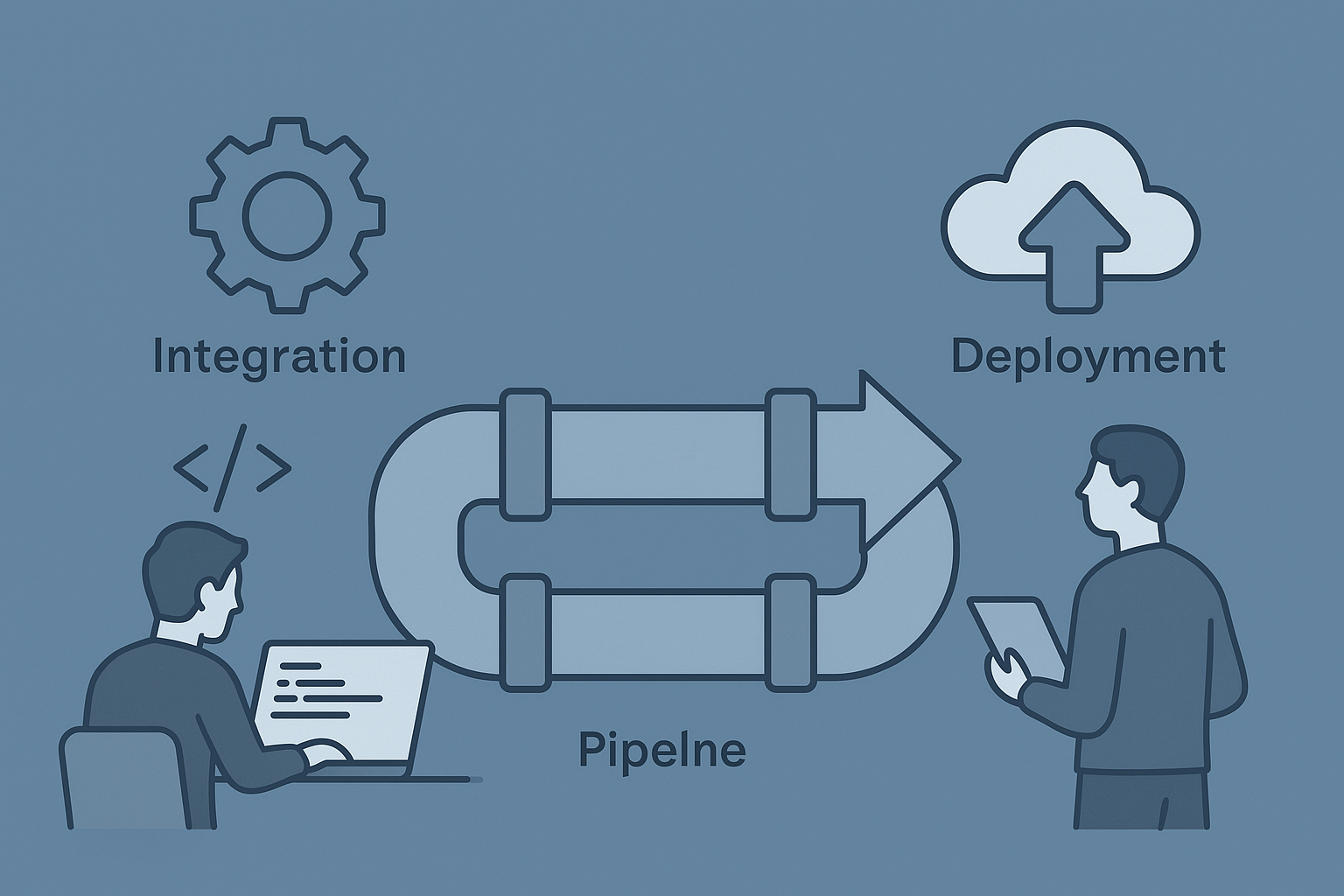 통합과 배포의 흐름을 구조적으로 표현한 기술 파이프라인 일러스트