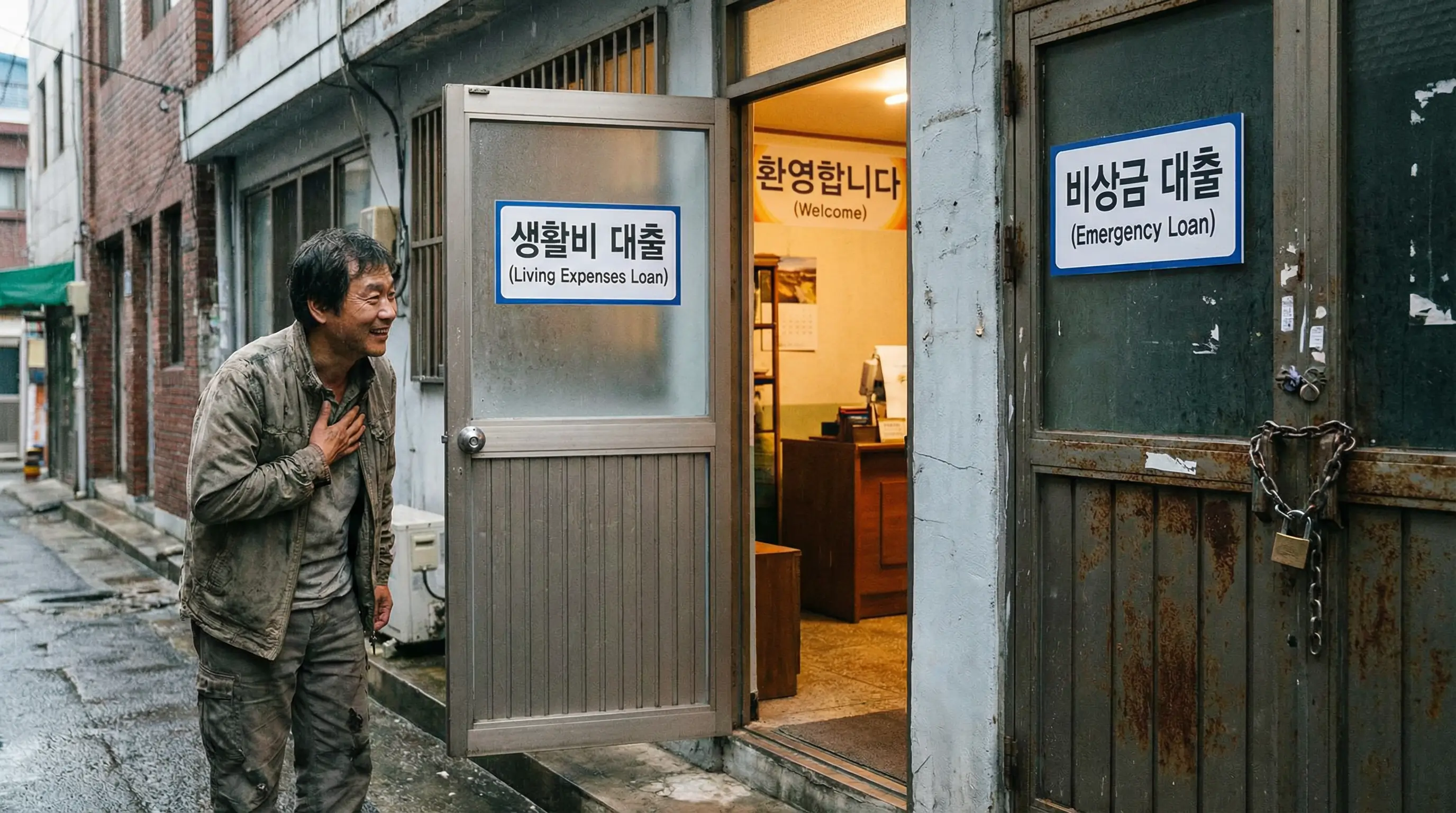 닫힌 비상금 대출 문 옆에 활짝 열린 생활비 대출 문을 발견하고 안도하는 이미지