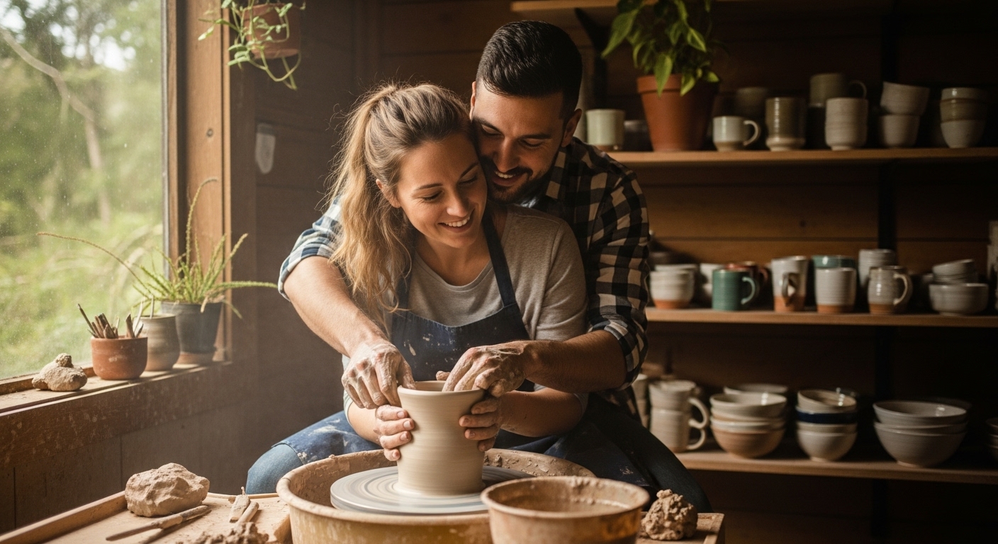 한적한 공방에서 커플이 함께 도자기를 빚으며 교감하는 감성적인 데이트 장면