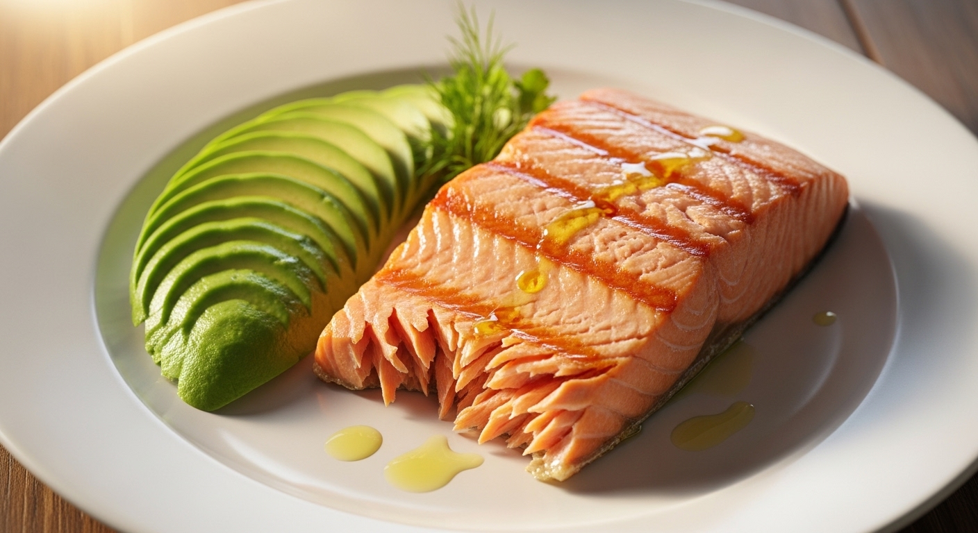 올리브 오일을 뿌린 구운 연어와 신선한 아보카도 슬라이스