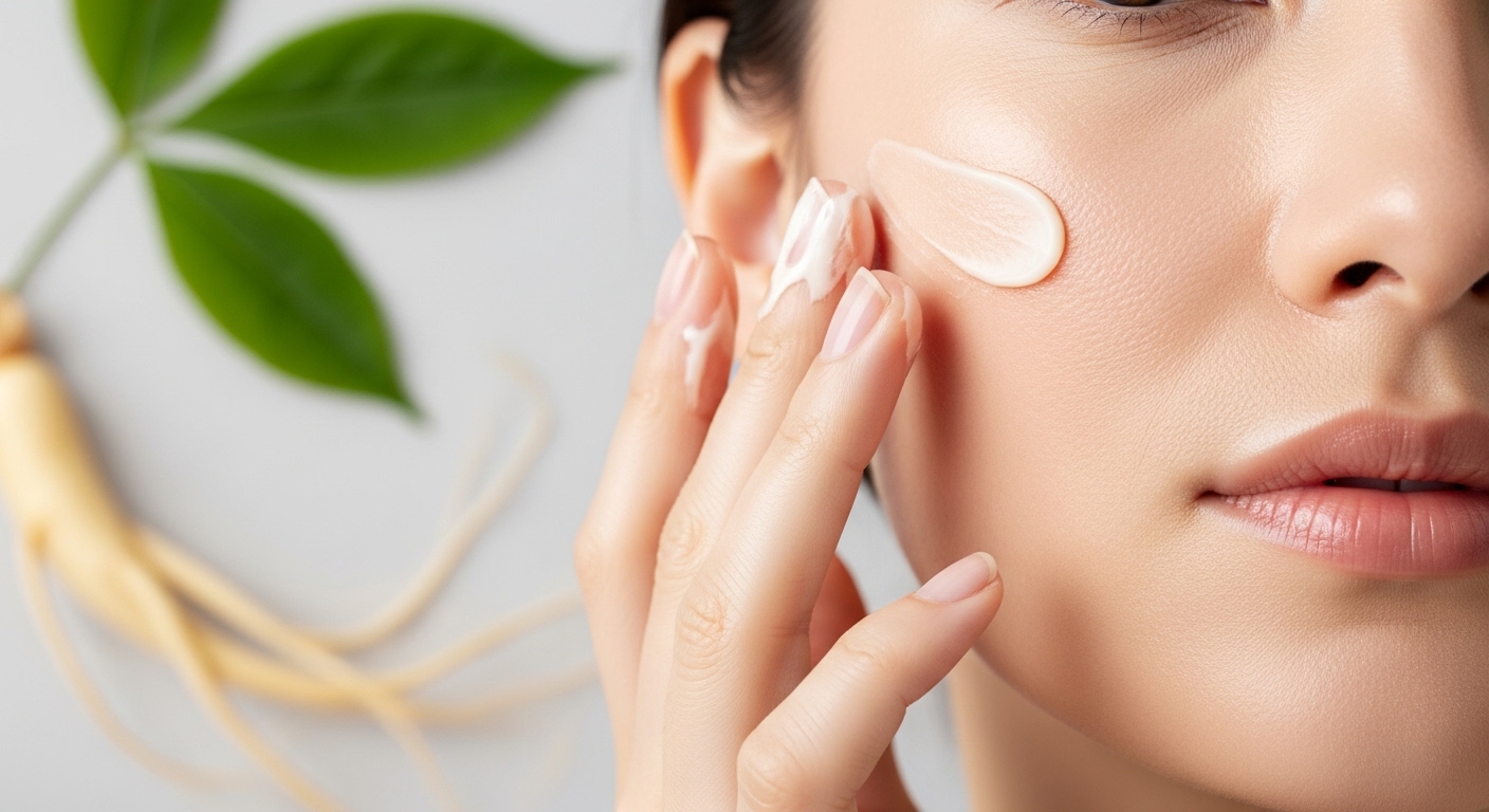 장뇌삼 추출물이 함유된 고급 페이스 크림을 볼에 바르는 여성의 손 클로즈업. 피부는 건강하고 부드럽게 빛나며, 배경에는 장뇌삼 뿌리가 은은하게 보인다.