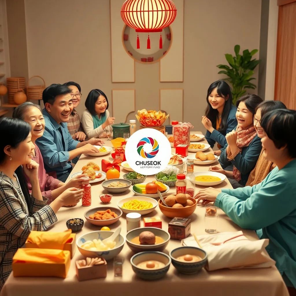 다양한 인종과 연령대의 사람들이 한 테이블에 모여 추석 음식(또는 명절 선물)을 앞에 두고 이야기를 나누는 모습입니다. 모두가 행복하게 웃으며 화합하는 분위기를 강조하고, 테이블 중앙에 지원금 로고나 상징물이 포함되어 있습니다.