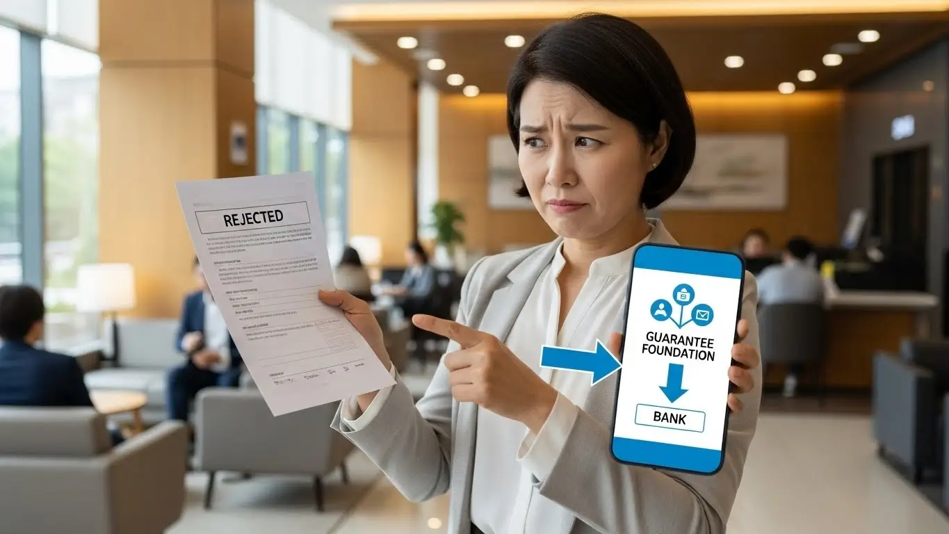 은행 창구에서 거절당해 난감해하는 소상공인이 스마트폰으로 올바른 신청 순서를 확인하는 모습