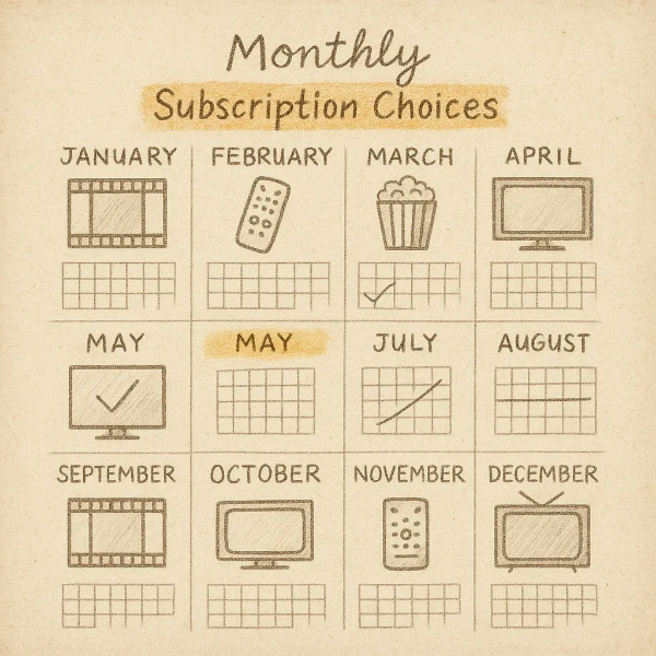 월별 구독 선택지를 따뜻한 손그림 스타일로 표현한 표