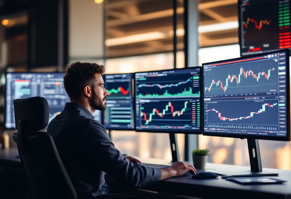 모니터 여러대 앞에 앉아서 주식 차트 보고 있는 백인 남자