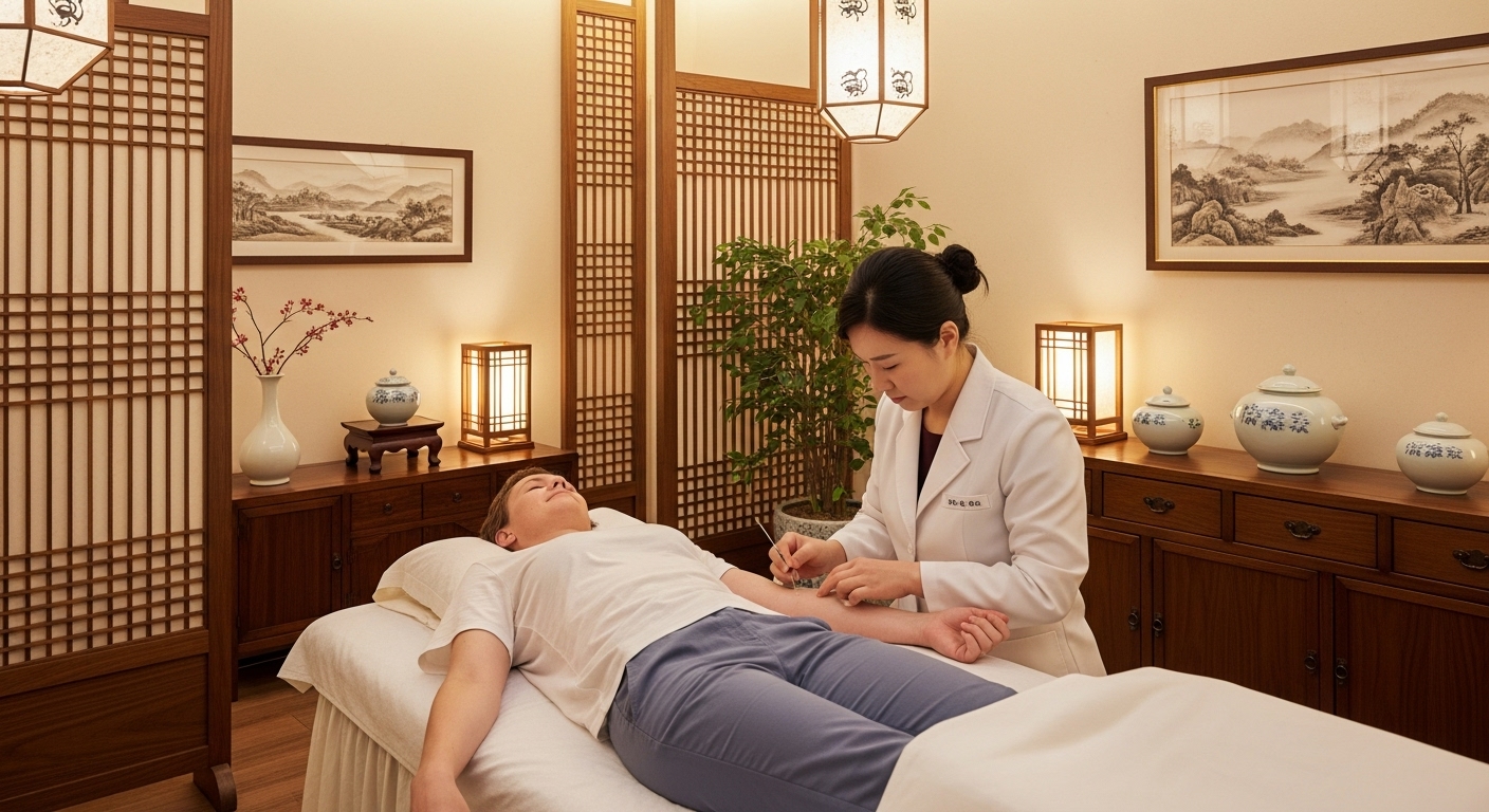 깔끔하고 현대적인 한의원에서 외국인 관광객이 편안하게 침 치료를 받고 있는 모습. 한국 전통 의학을 경험하며 웰빙을 추구하는 분위기.