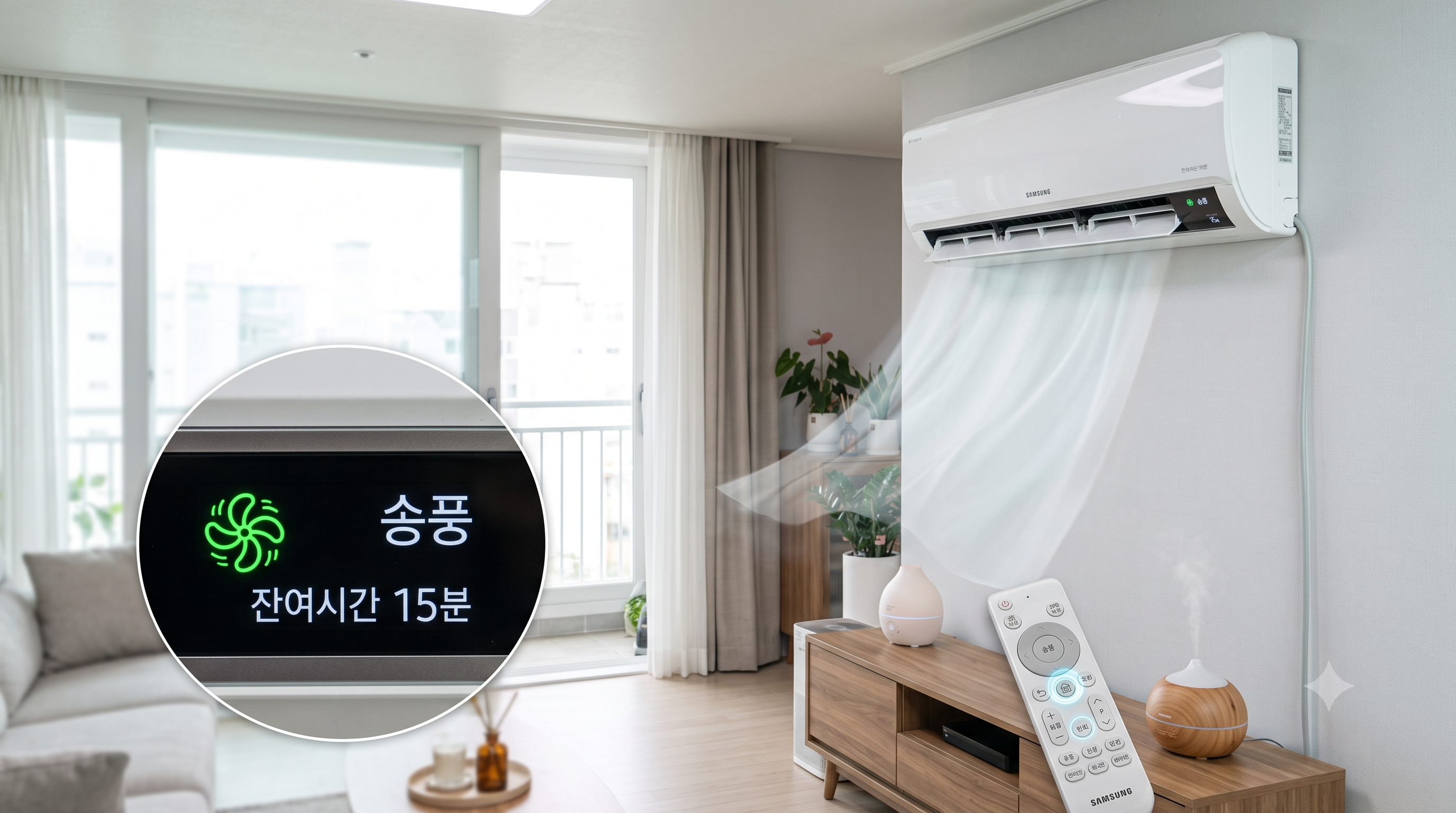 에어컨 디스플레이에 '송풍' 모드와 타이머가 활성화된 상태.
냉방 후 내부 습기를 완전히 건조시켜 곰팡이 발생을 예방하는 올바른 습관을 보여줍니다.
