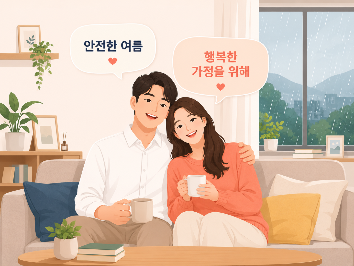 쾌적하고 시원한 실내 거실에서 안전하게 여름을 보내는 행복한 가족 일러스트