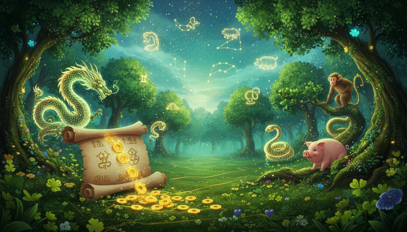 신비로운 숲 속에서 빛나는 띠 동물들과 황금 코인이 흩날리는 모습, 2026년 돈복과 재물운을 상징하는 판타지 이미지