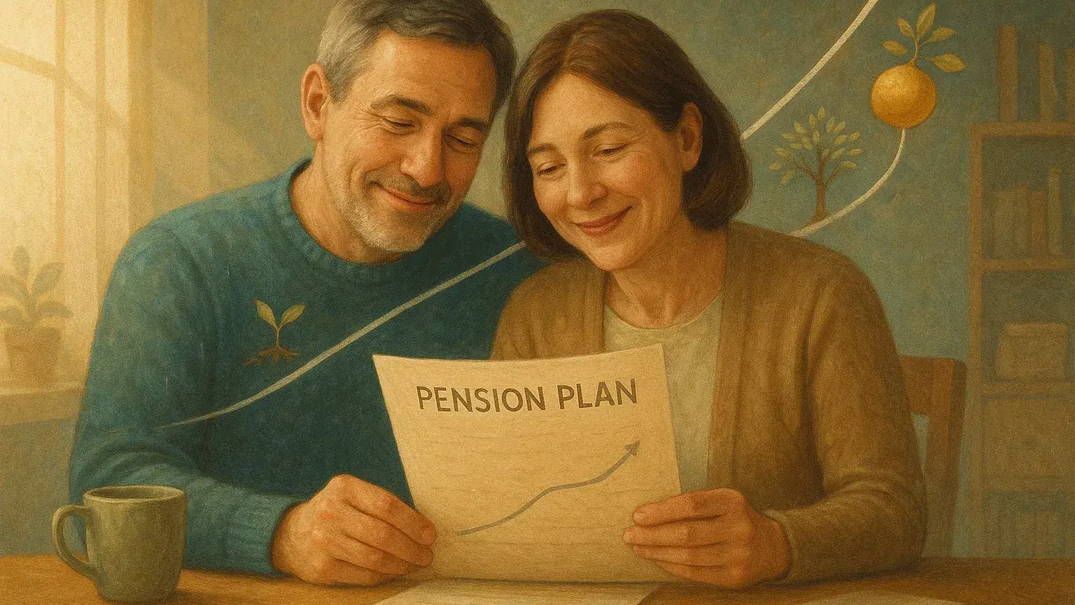 4050세대가 책상에서 연금 계획서를 보며 미소짓는 모습과 성장하는 그래프가 함께 있는 이미지