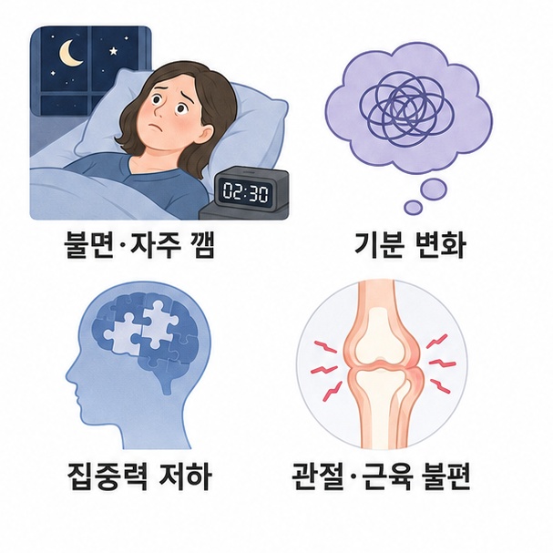 갱년기에 나타날 수 있는 불면과 기분 변화, 집중력 저하, 관절과 근육 불편감을 설명한 이미지