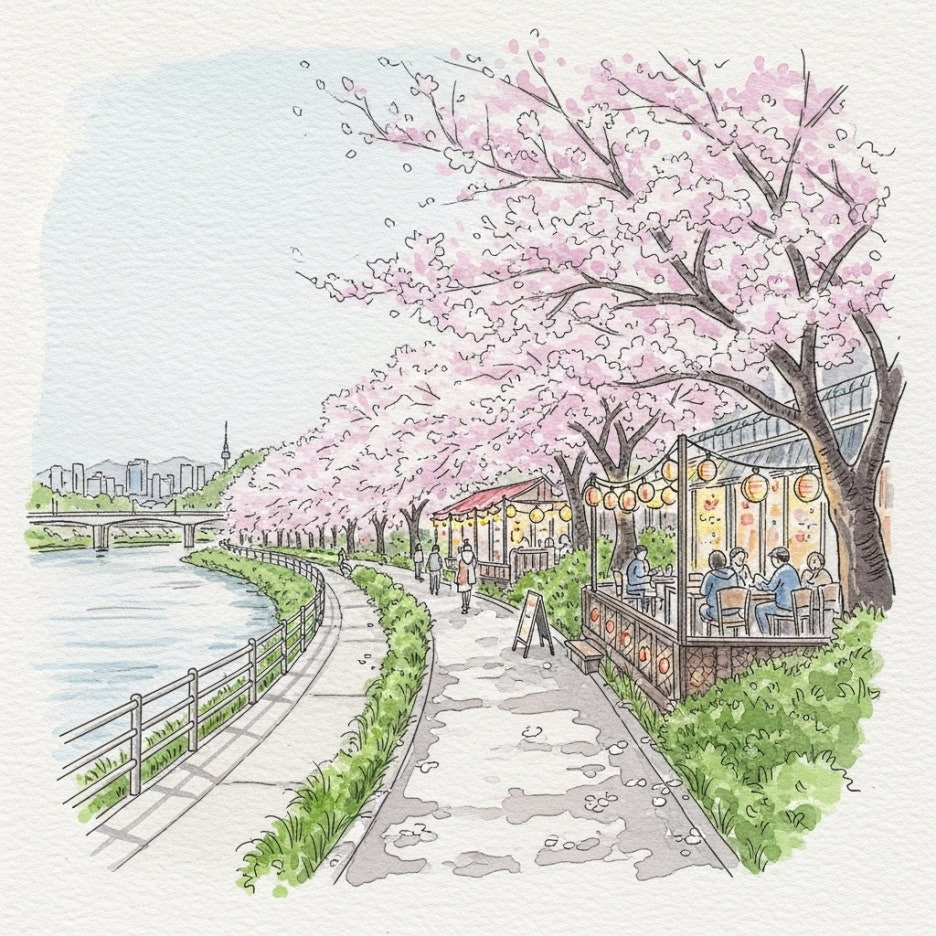 하천을 따라 이어진 벚꽃길과 정겨운 야외 음식점