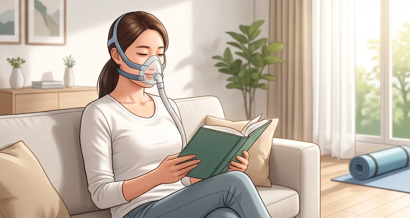 수면다원검사를 통해 진단을 받은 후, 거실 소파에 앉아 편안하게 수면무호흡증 치료용 양압기(CPAP) 마스크를 착용한 채 책을 읽고 있는 여성의 일러스트
