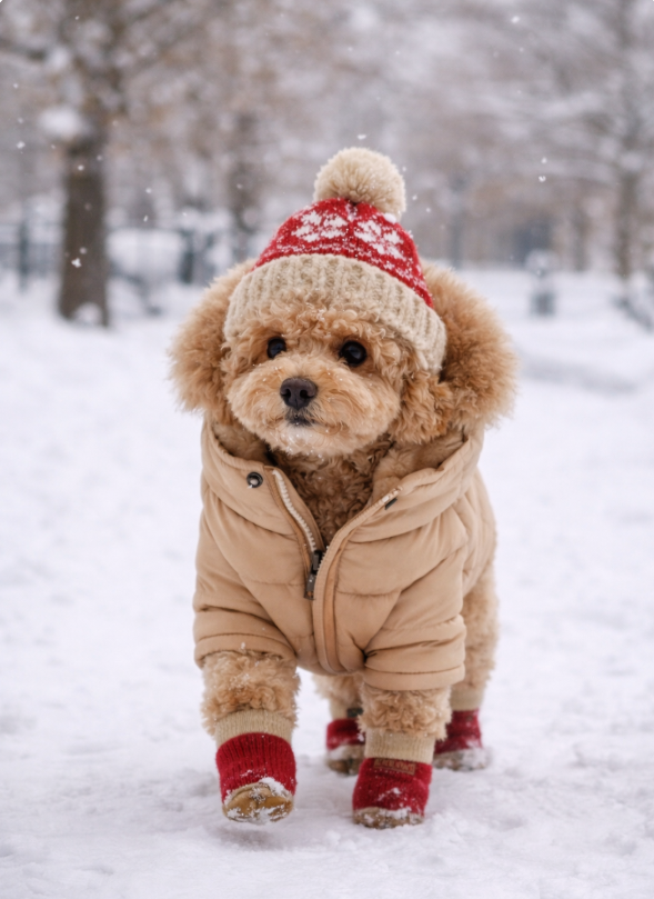 눈 내리는 겨울날, 따뜻한 패딩과 니트모자, 부츠를 착용한 반려견이 산책 중인 모습