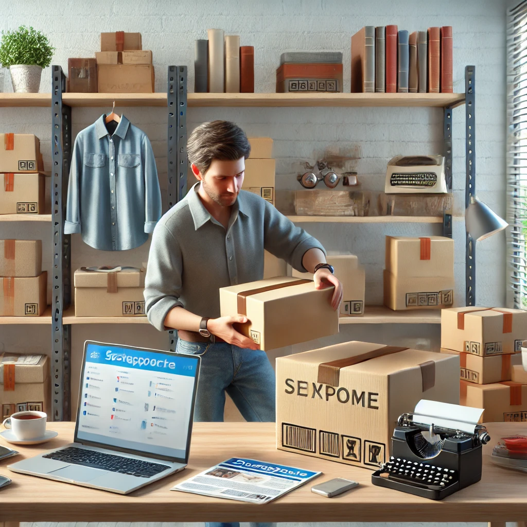 중고거래 & 리셀러
중고 물품을 정리하고 포장하는 모습,랩탑에는 온라인 마켓플레이스가 열려 있고,배송 박스를 준비하는 장면.