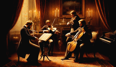 방 안에서 4명의 남자 연주자들이 음악을 연주한다. 바이얼린 3명, 첼로 1명으로 복장은 고전스타일의 양복을 입었다.