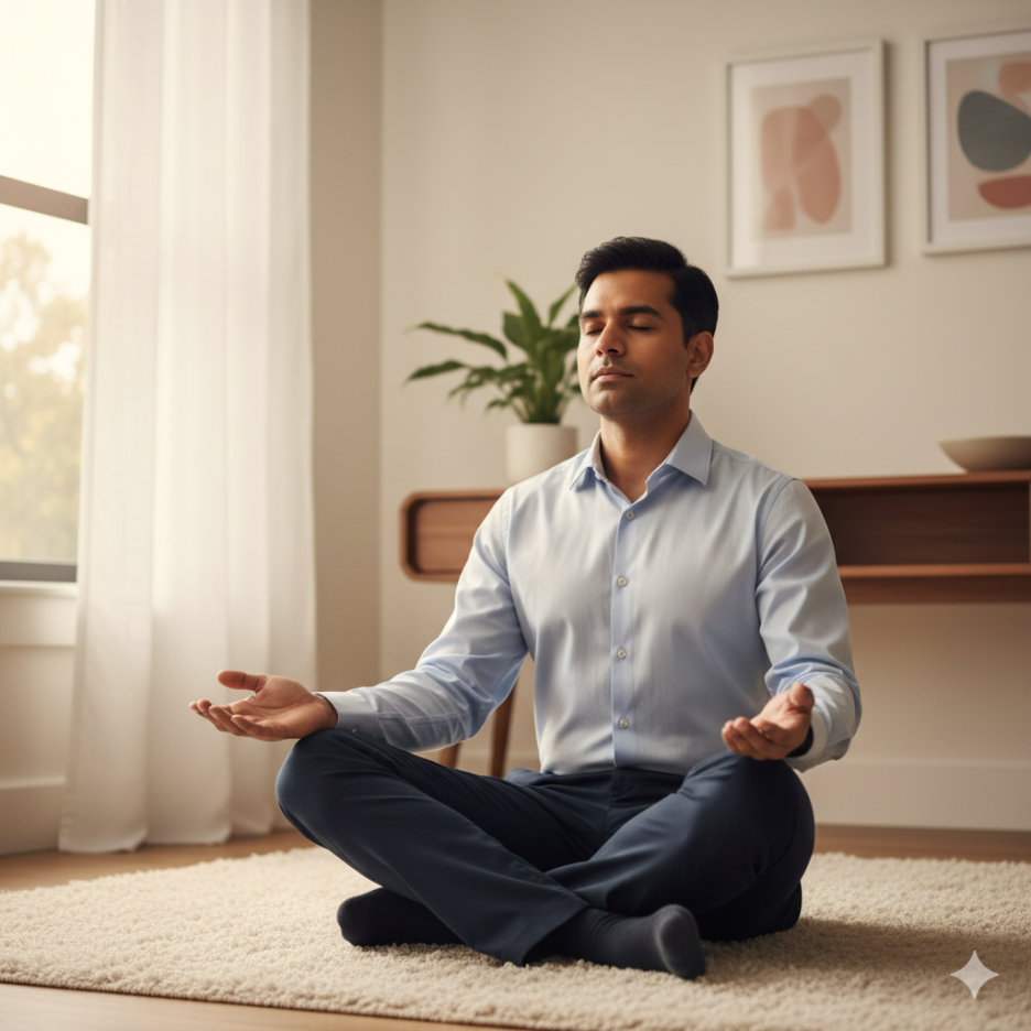 조용한 공간에서 심호흡하며 자기대화를 실천하는 사람의 평온한 모습 (이미지 생성:google)