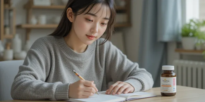 나무 테이블에서 영양제 병과 책을 함께 보는 모습