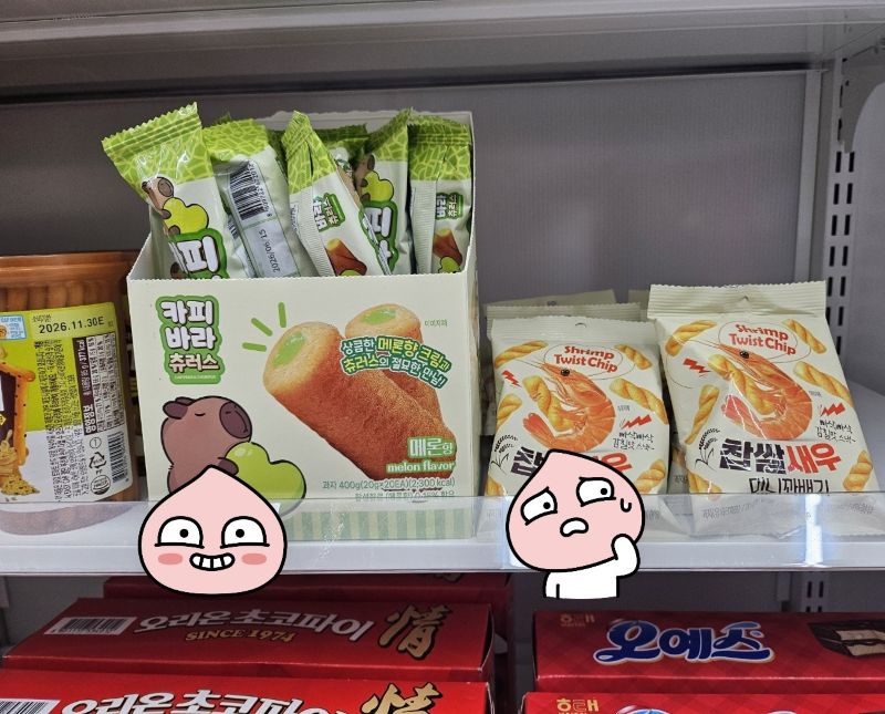 편의점 매대에 진열된 카피바라 츄러스 메론향, 참쌀새우 미니꽈배기 등 유행에서 비껴난 비주류 스낵들. 과자 앞에는 고민하거나 땀 흘리는 표정의 이모티콘이 배치되어 판매가 부진한 재고 상품의 애환을 나타냄.