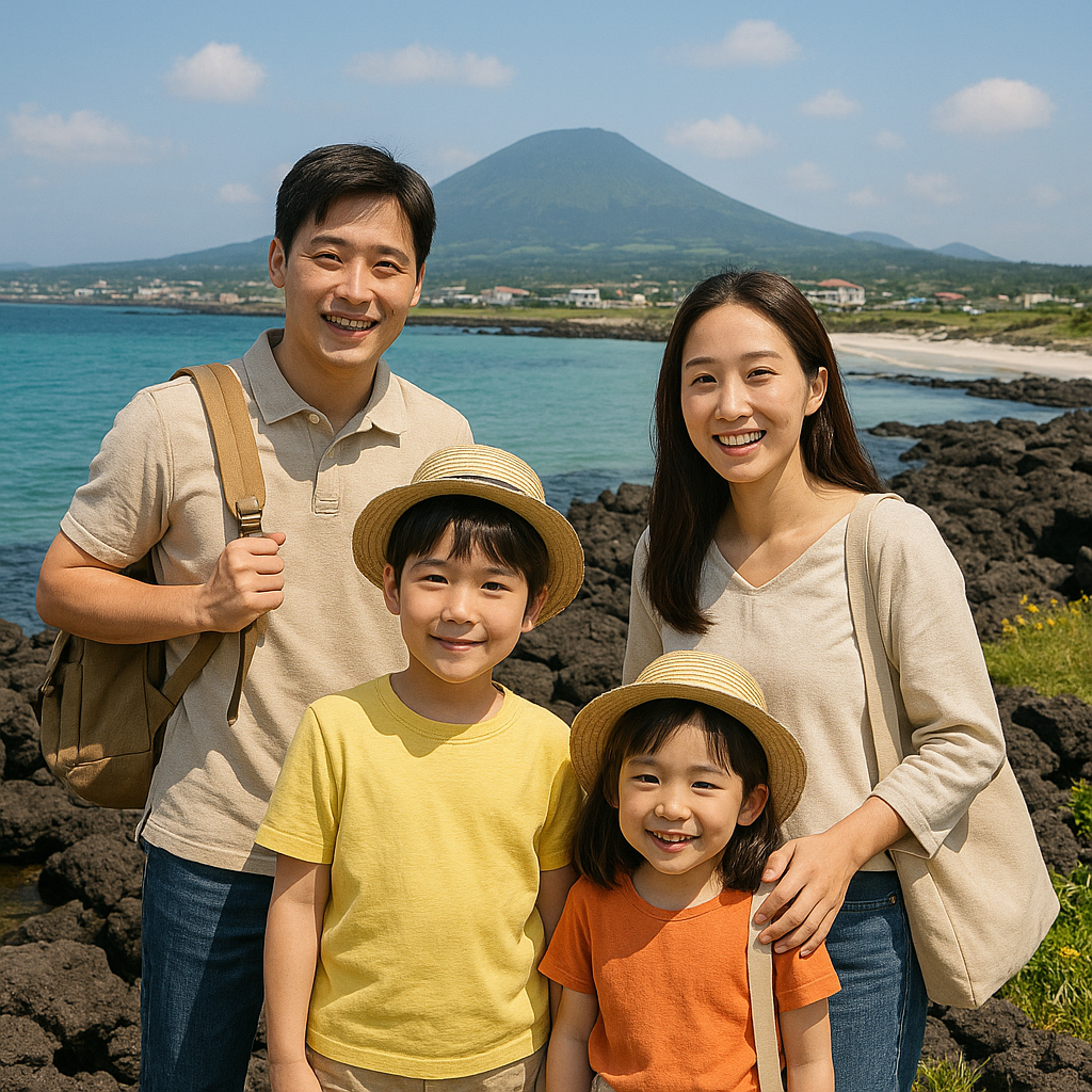 제주도로 가족여행으로 성산일출봉 인증샷 모습입니다.