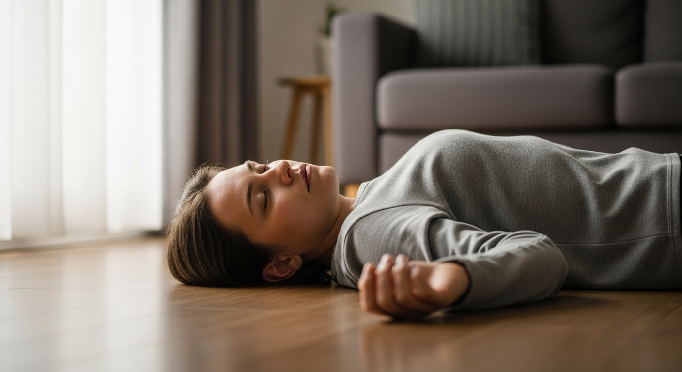 거실 바닥에 누워 의식을 잃은 듯한 상태의 여성, 눈을 감고 편안하지만 힘이 빠진 자세로 누워 있으며 주변은 밝은 자연광이 들어오는 실내 환경