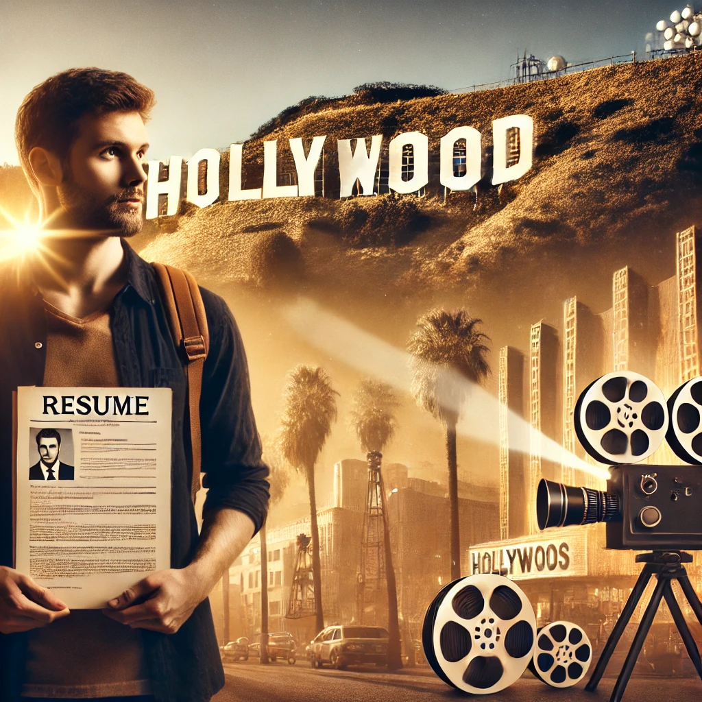 남자가 할리우드에서 본인 이력서들 들고 서있는 사진
