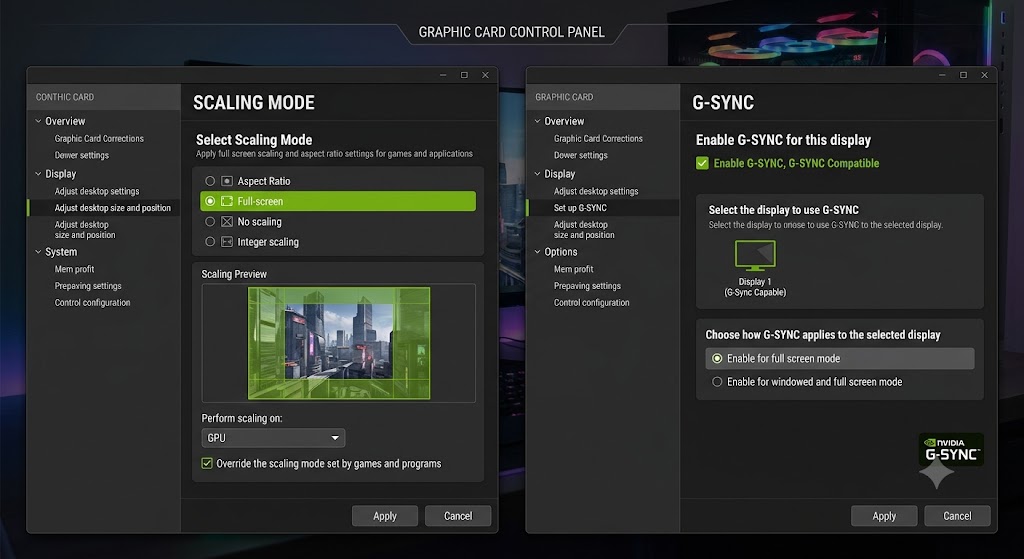 NVIDIA 제어판에서 다중 디스플레이 주사율 및 바탕화면 크기 스케일링을 설정하는 과정