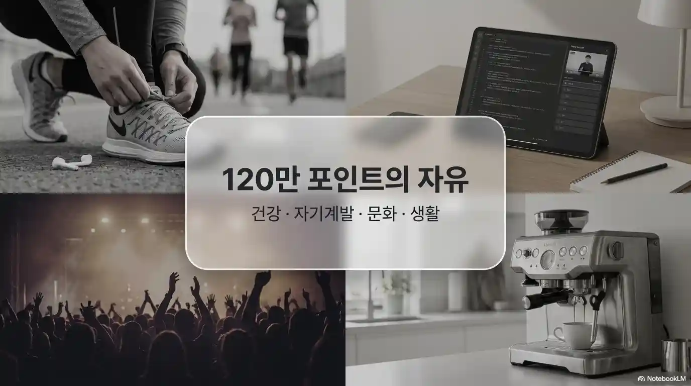 러닝화 끈을 묶는 모습, 태블릿 인터넷 강의, 콘서트장, 커피머신 등 4분할 사진 배경의 포인트 활용처 안내